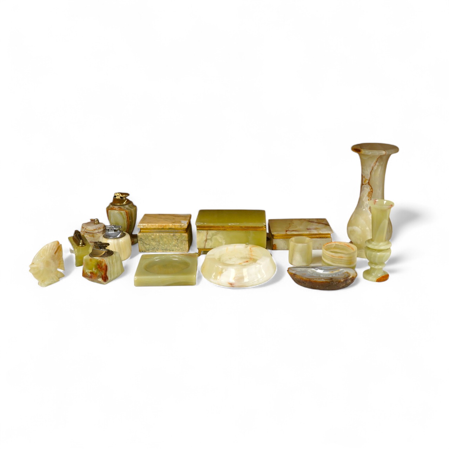 A collection of various onyx collectables to include boxes, vases and table lighters, largest 23cm high